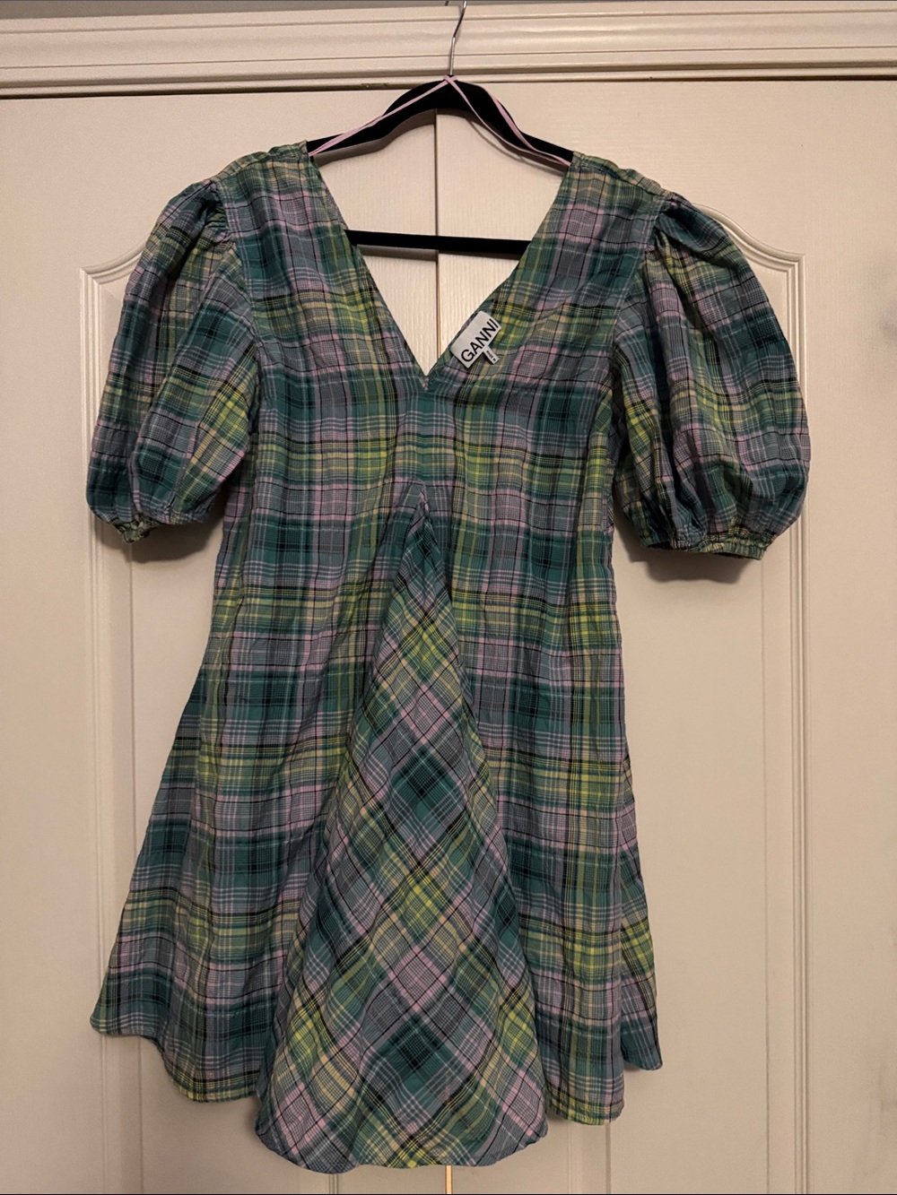 Size 34, Medium fit. Ganni Green & Lavender Plaid V‑Neck Puff Sleeve Mini Dress